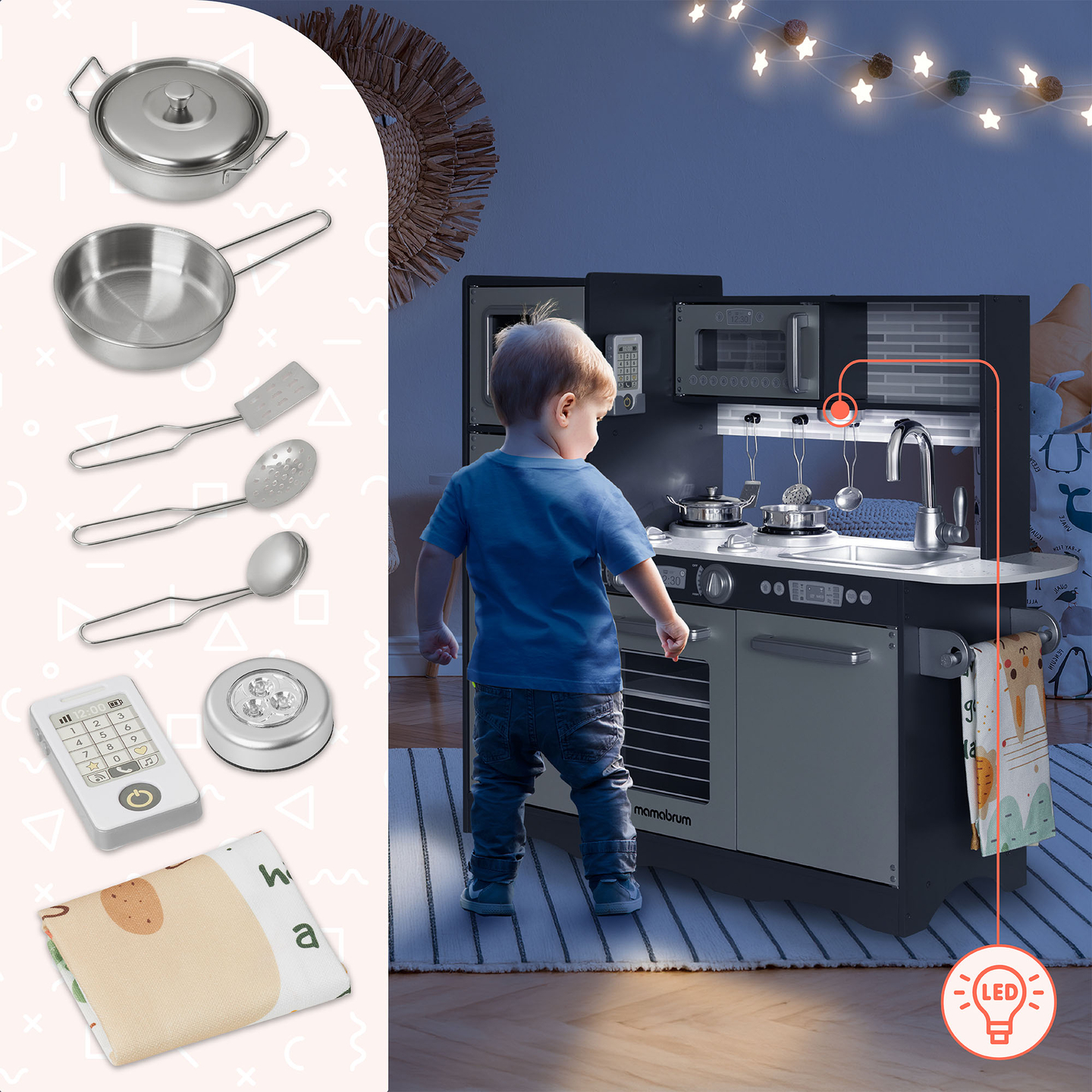 XXL puidust köök koos LED-valgustuse, esiplaadi ja tarvikutega