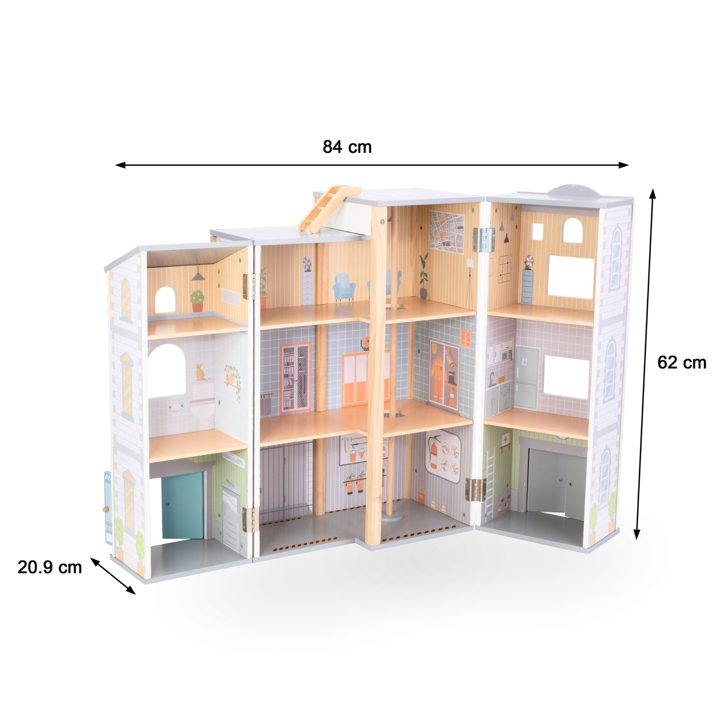 Suur kokkupandav tuletõrjejaam koos politseijaamaga - puidust komplekt. Tuletõrjejaam ja politseijaam koos tarvikutega.
