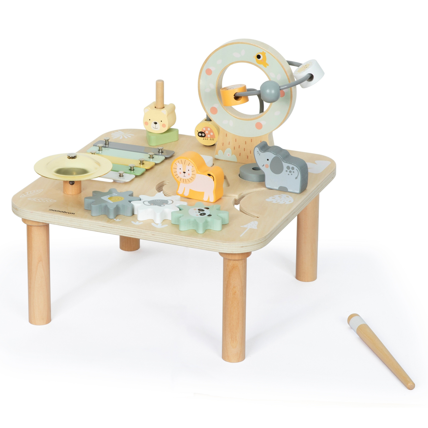 Puidust õpetlik 7-ühes muusikalaud taldrikute ja gongiga – metsik džungel