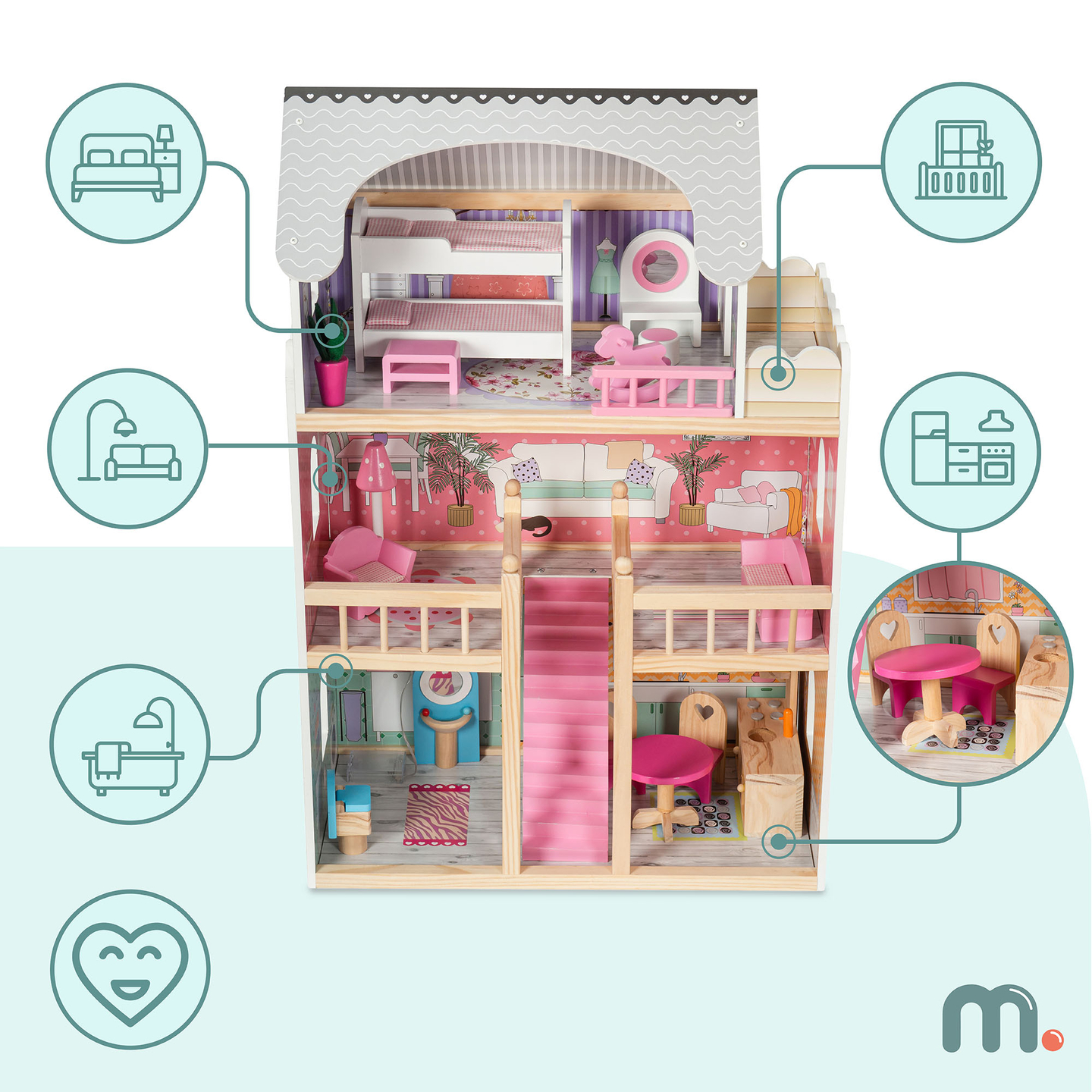 Suur puidust 3-korruseline nukumaja koos terrassi, mööblikomplekti ja LED-valgustusega!