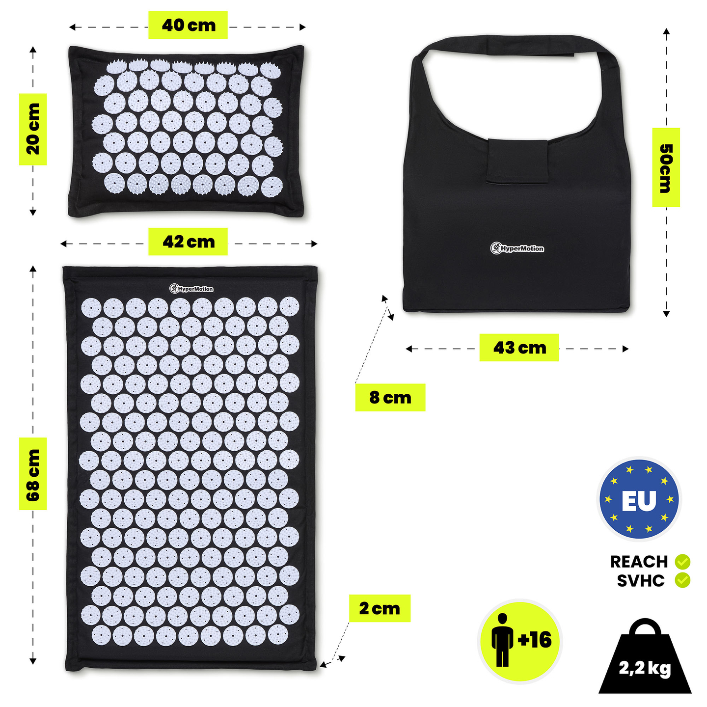 Öko-linane nõelravimatt kookoskiudude ja tatrapadjaga – 68 cm HyperMotion must ja valge