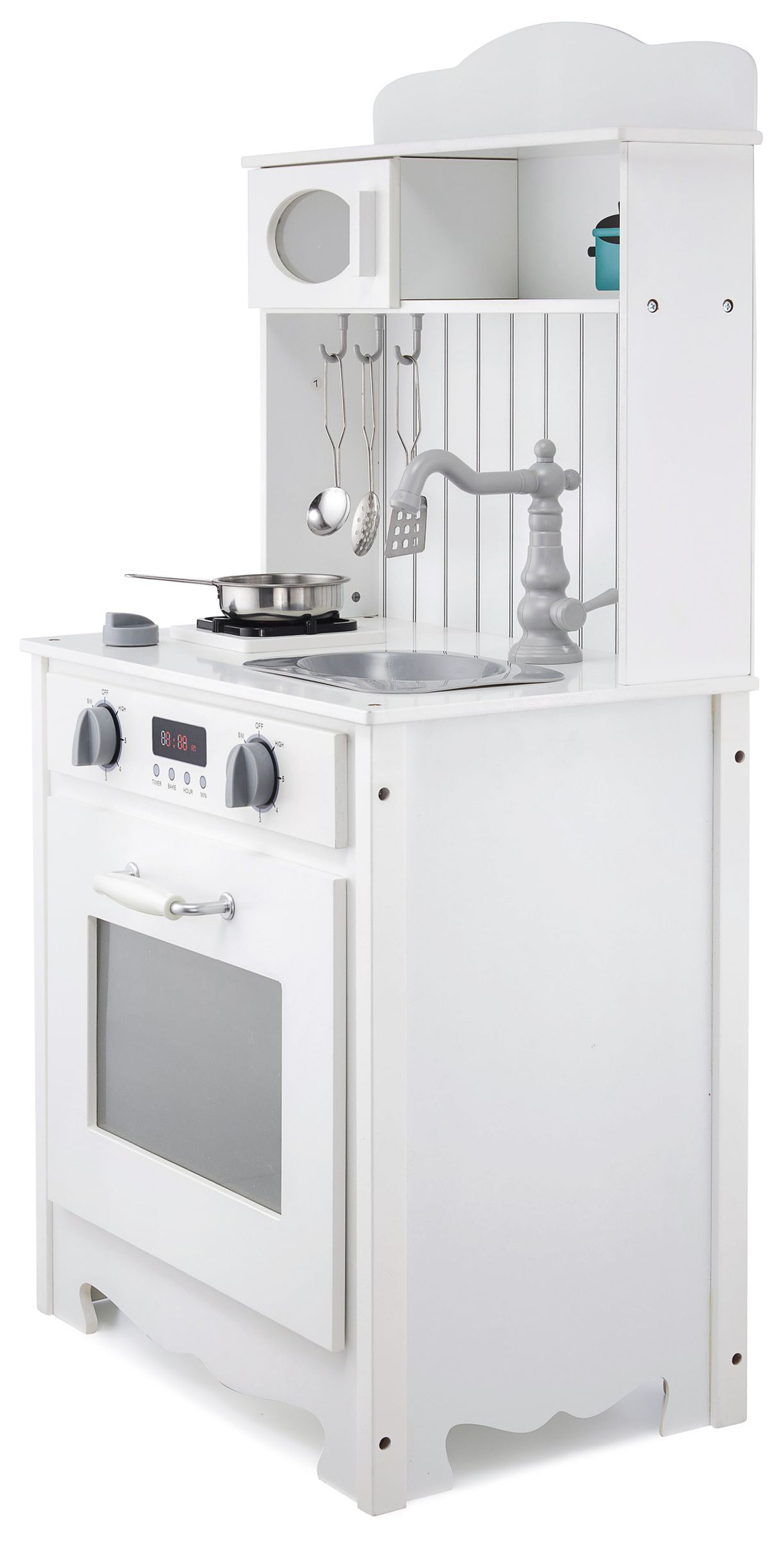 Valge puidust köök koos esiliistu, aksessuaaride ja LED-lambiga