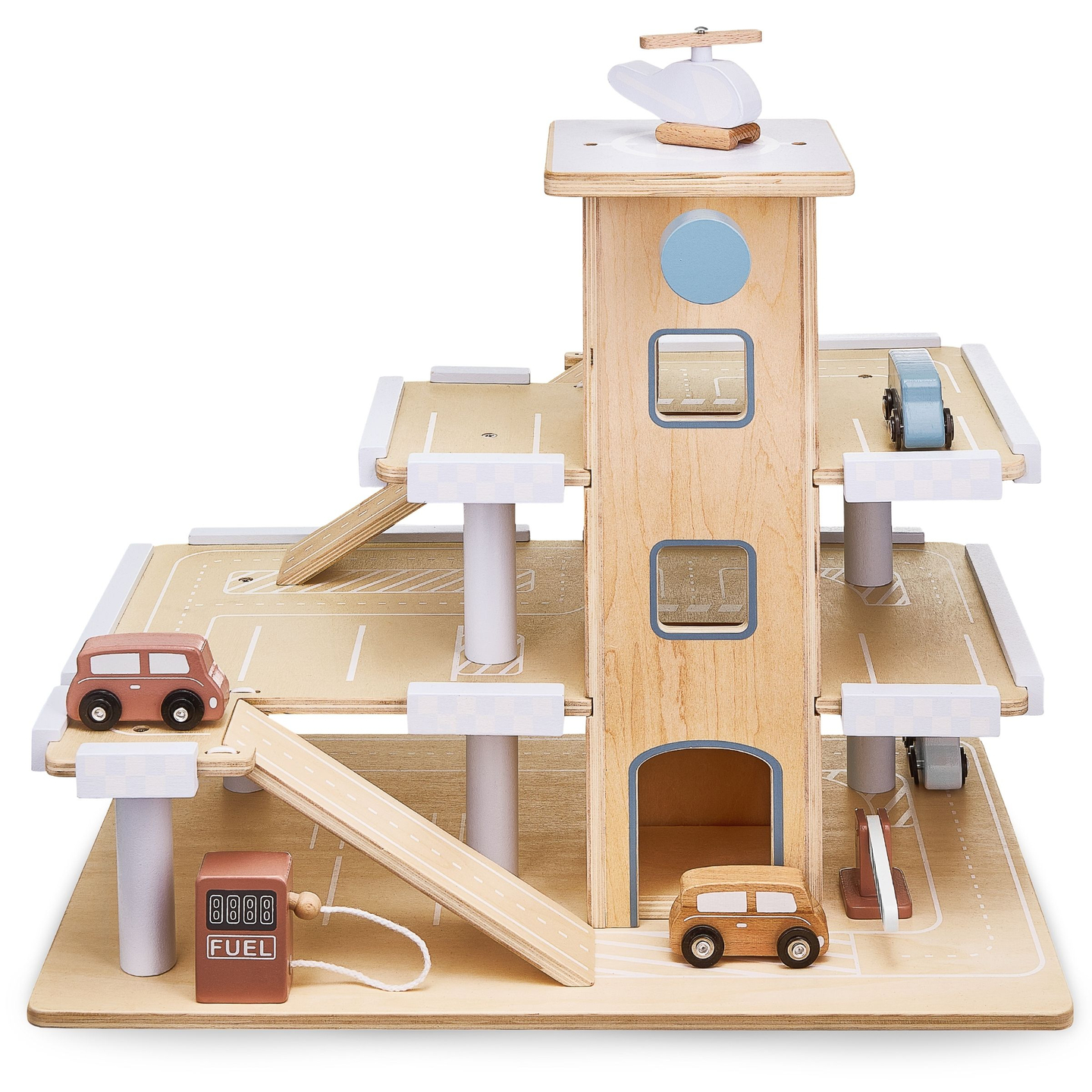 Puidust kolmekorruseline parkla koos liftiga - autode ja helikopteri garaažiga