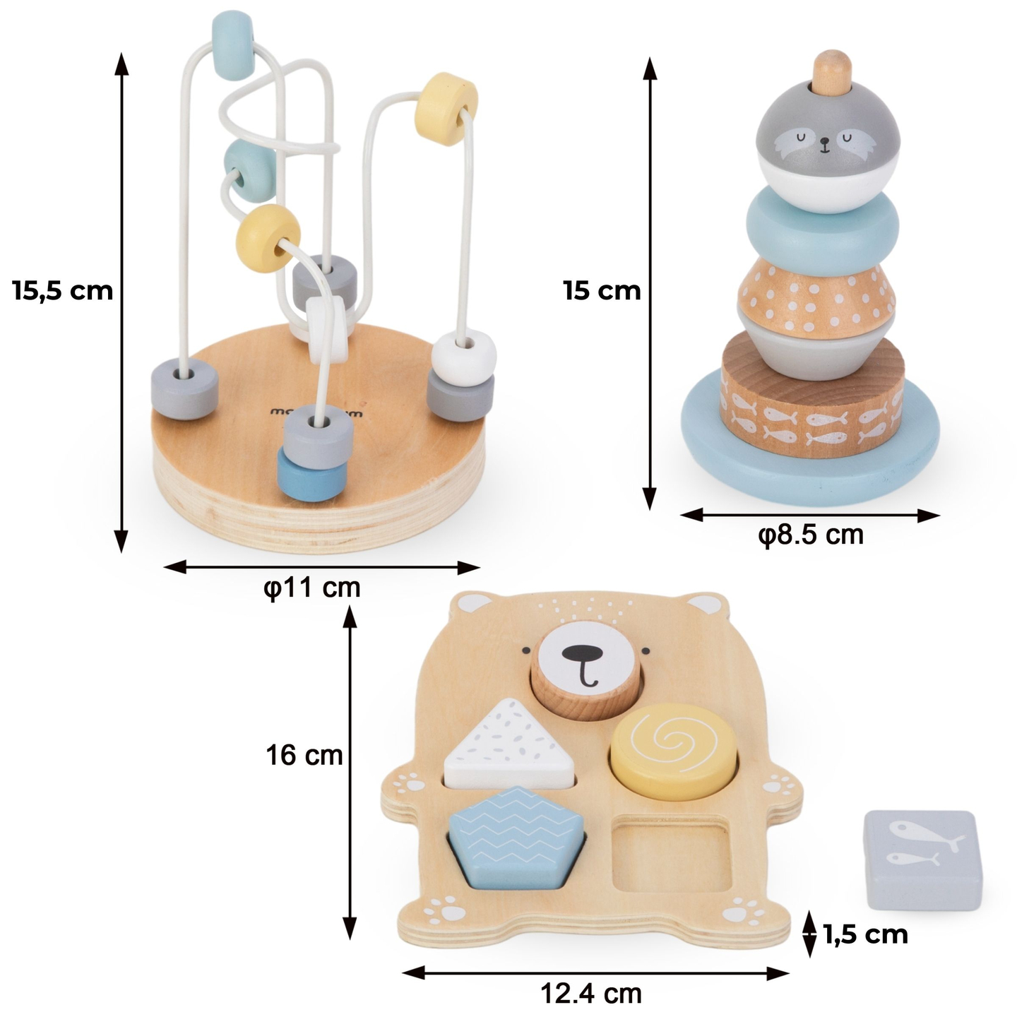 Puidust mänguasjade komplekt - värviline põiming, pitsapüramiid, karu sorteerija