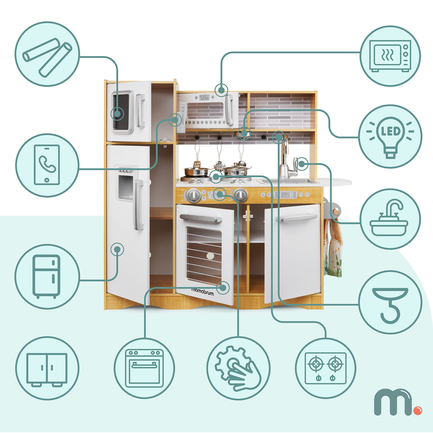 XXL puidust köök koos LED-valgustuse, esiplaadi ja tarvikutega