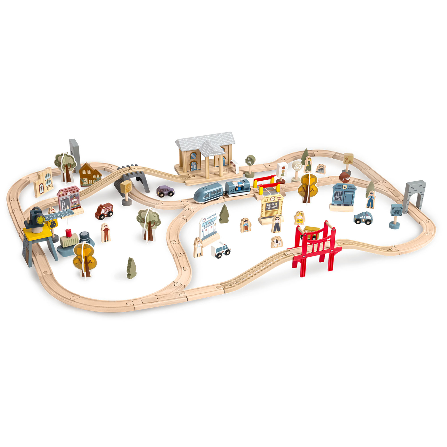 Puidust linnaraudtee elektrirongiga - liikuv kraana, laev, sillad