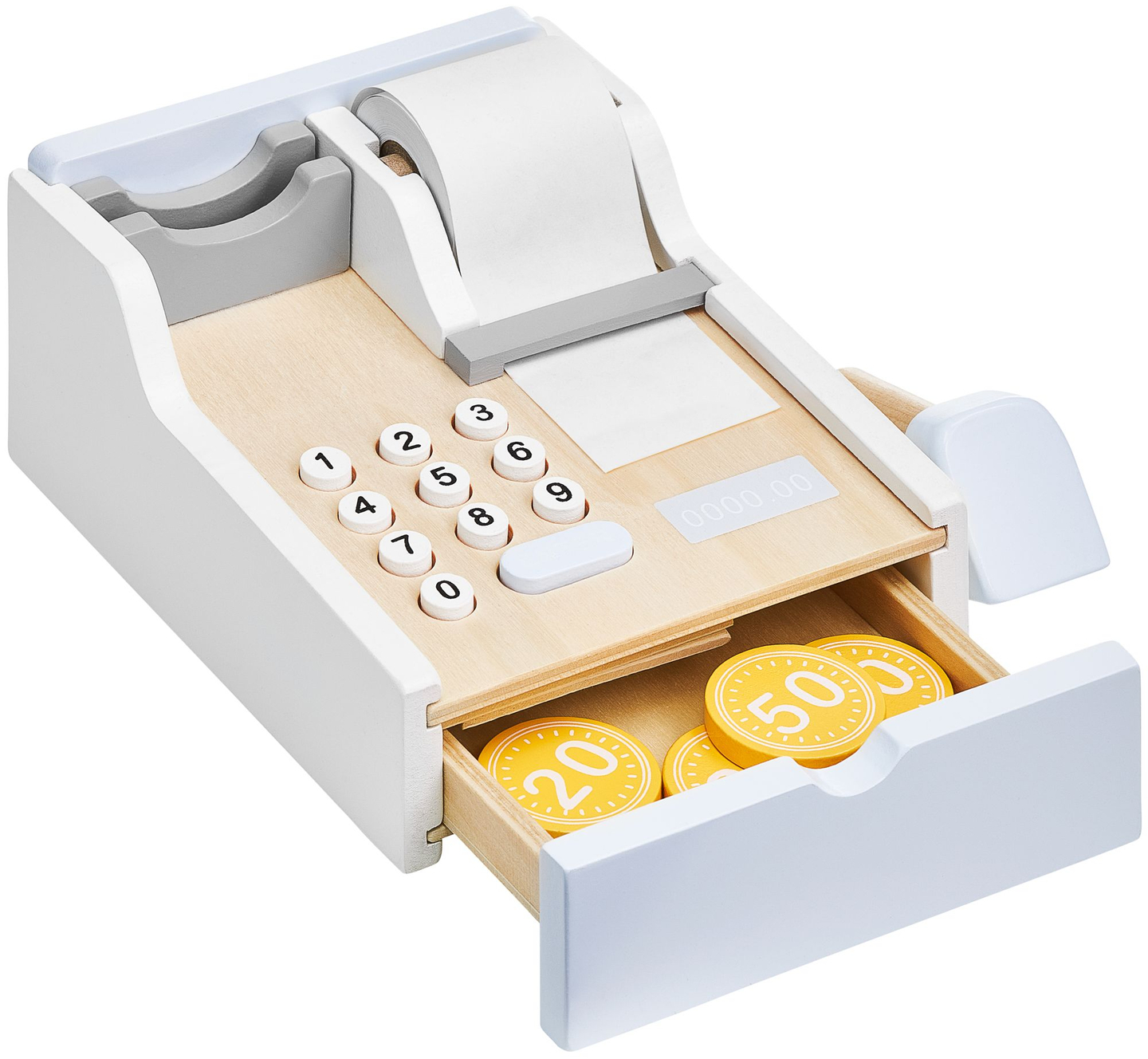 Köögiviljapood - puust kiosk kastidega, kassaaparaat ja terminal