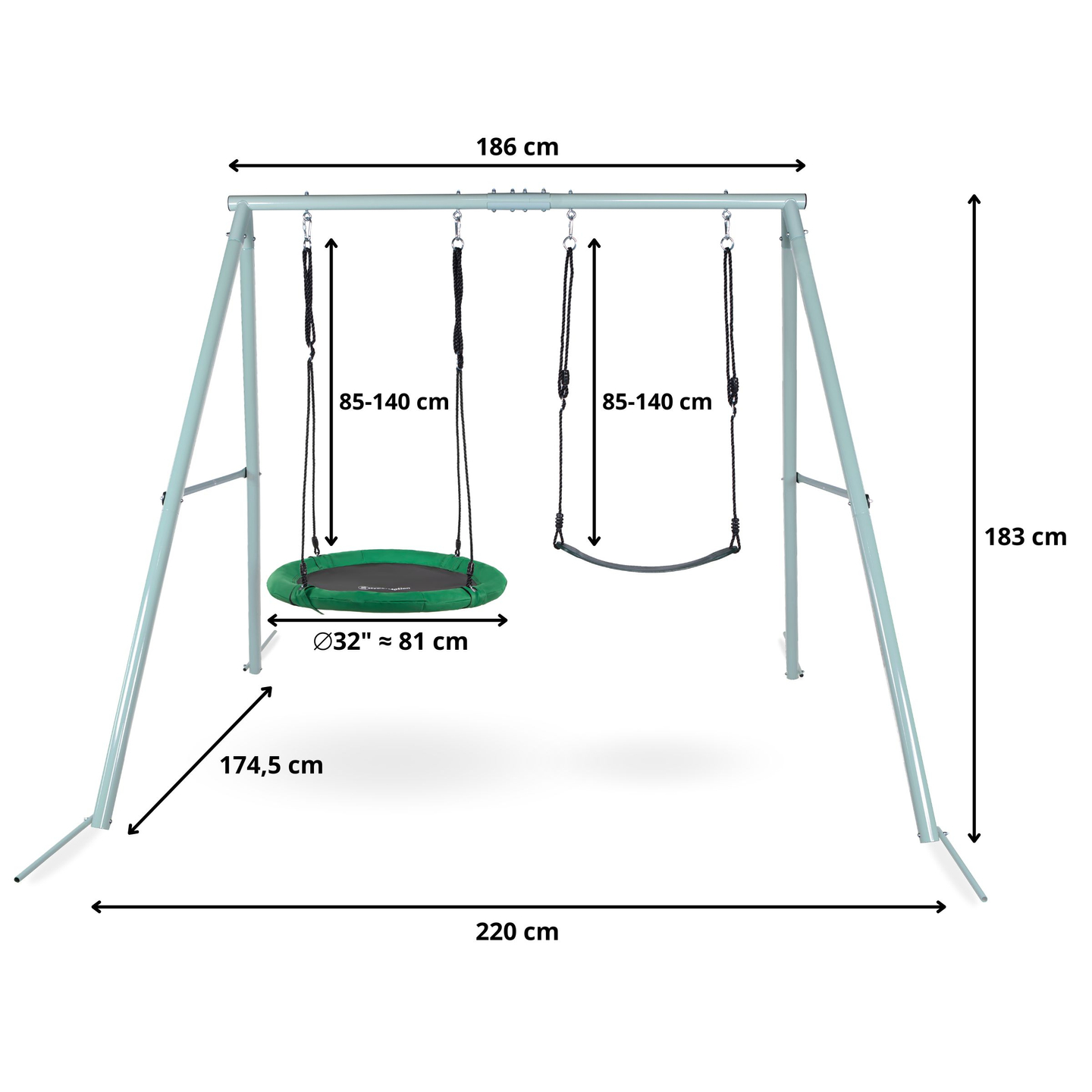 Kahekordne aiakiik raami ja trossidega - iste ja kurepesa