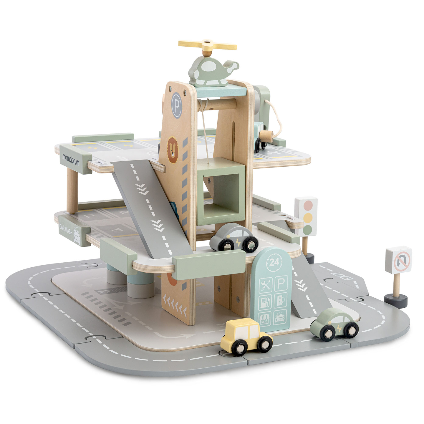 Puidust kolmekorruseline lastega garaaž koos lisatarvikutega – parkla, bensiinijaam, autopesula, helikopter