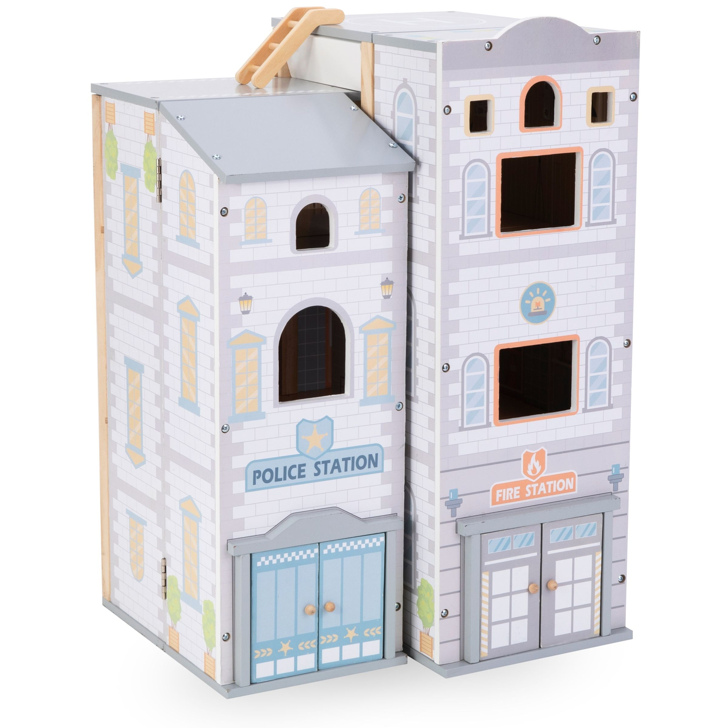 Suur kokkupandav tuletõrjejaam koos politseijaamaga - puidust komplekt. Tuletõrjejaam ja politseijaam koos tarvikutega.