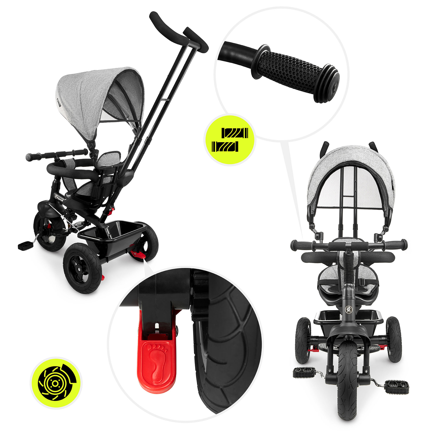 Kolmerattaline jalgratas lastele 1-4 aastat - TOBI FREY - hall värv - pöörlev - pumbatavad rattad + tõukeratas