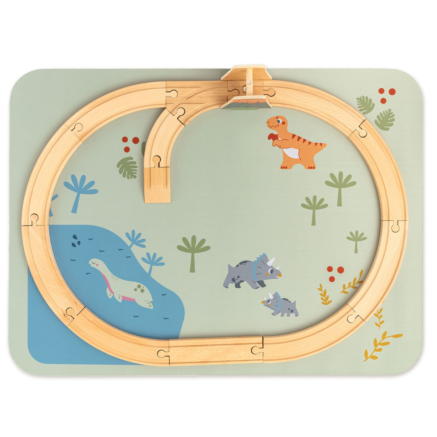 Dino Park puidust rong libisemisvastase matiga - dinosaurused, rong, rööpad, vulkaan, kell