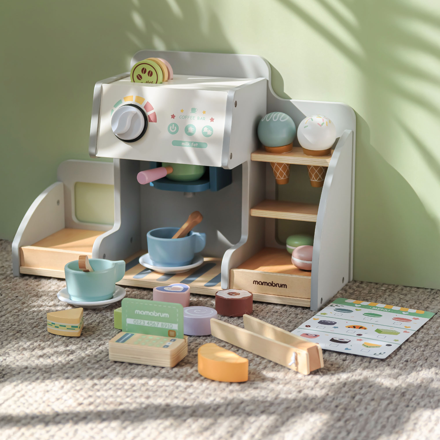 Suur puidust jäätisekohvik koos magnetlaua, kohvimasinaga ning jäätise- ja magustoidukomplektiga - üle 70 tüki!