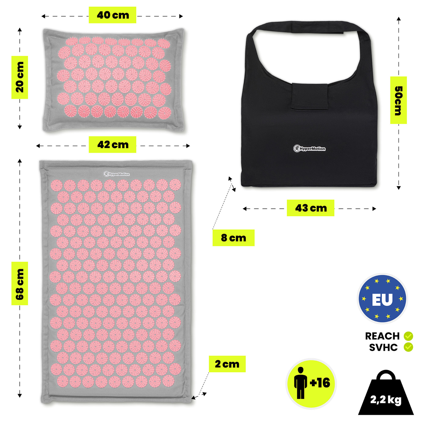 Öko-linane nõelravimatt kookoskiudude ja tatrapadjaga – 68 cm HyperMotion hall ja roosa