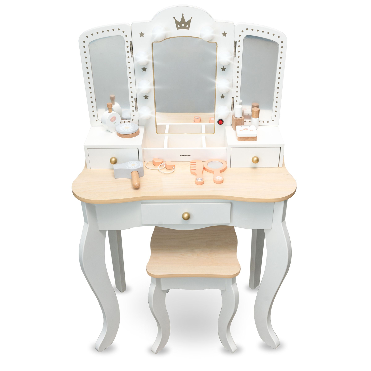 XXL puidust riietuslaud koos jopega ja LED-valgustusega lastele + tarvikud