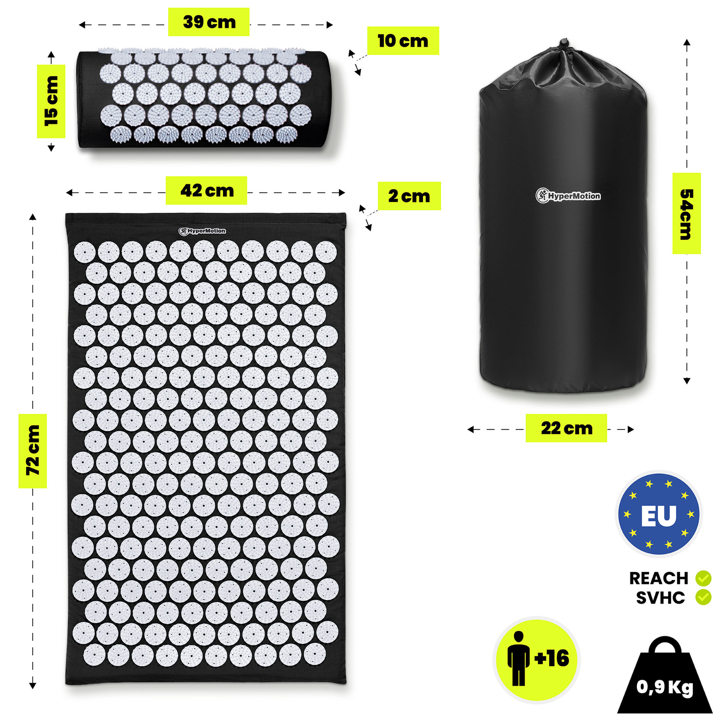 Akupressuurmatt padja ja kattega - 72 cm HyperMotion mustvalge
