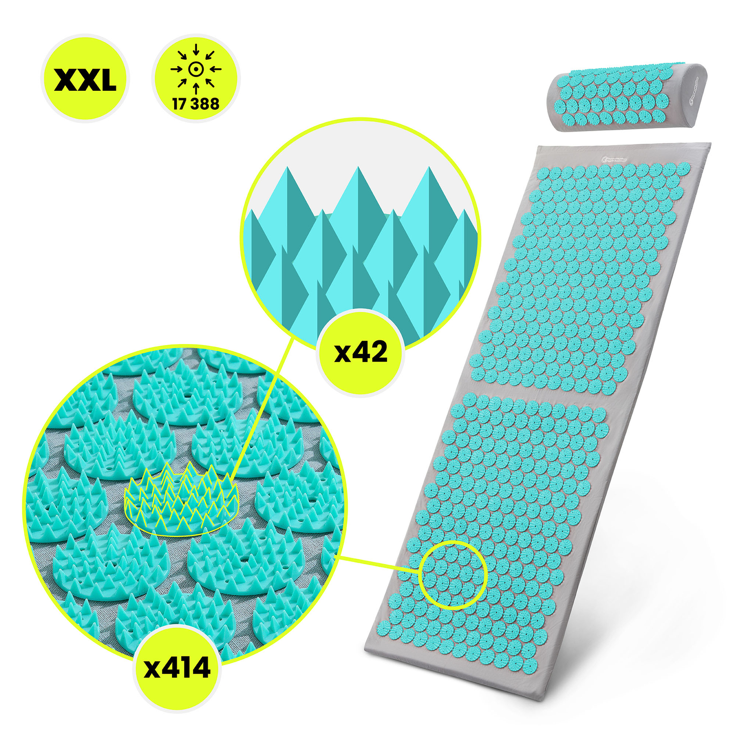 Suur nõelravimatt padja ja kattega - 130 cm HyperMotion hall-mündiroheline