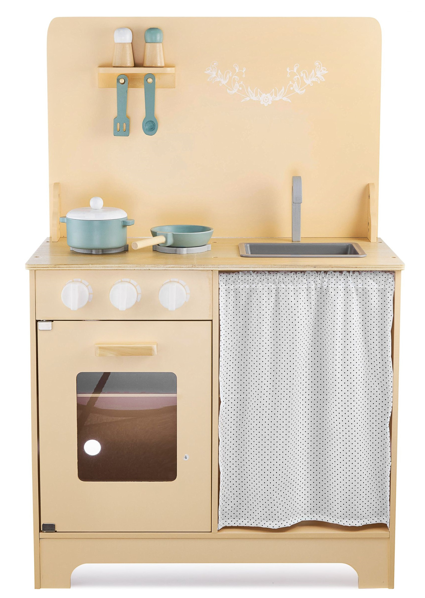 Puidust köök koos esiplaadi, tarvikute ja LED-valgustusega