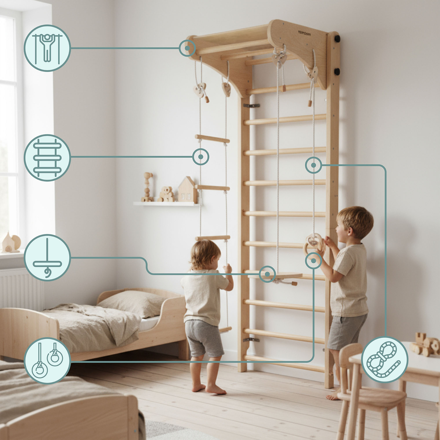 Puidust võimlemisredel lastele koos lisatarvikutega - taldrikukiik, võimlemisrõngad ja köisredel