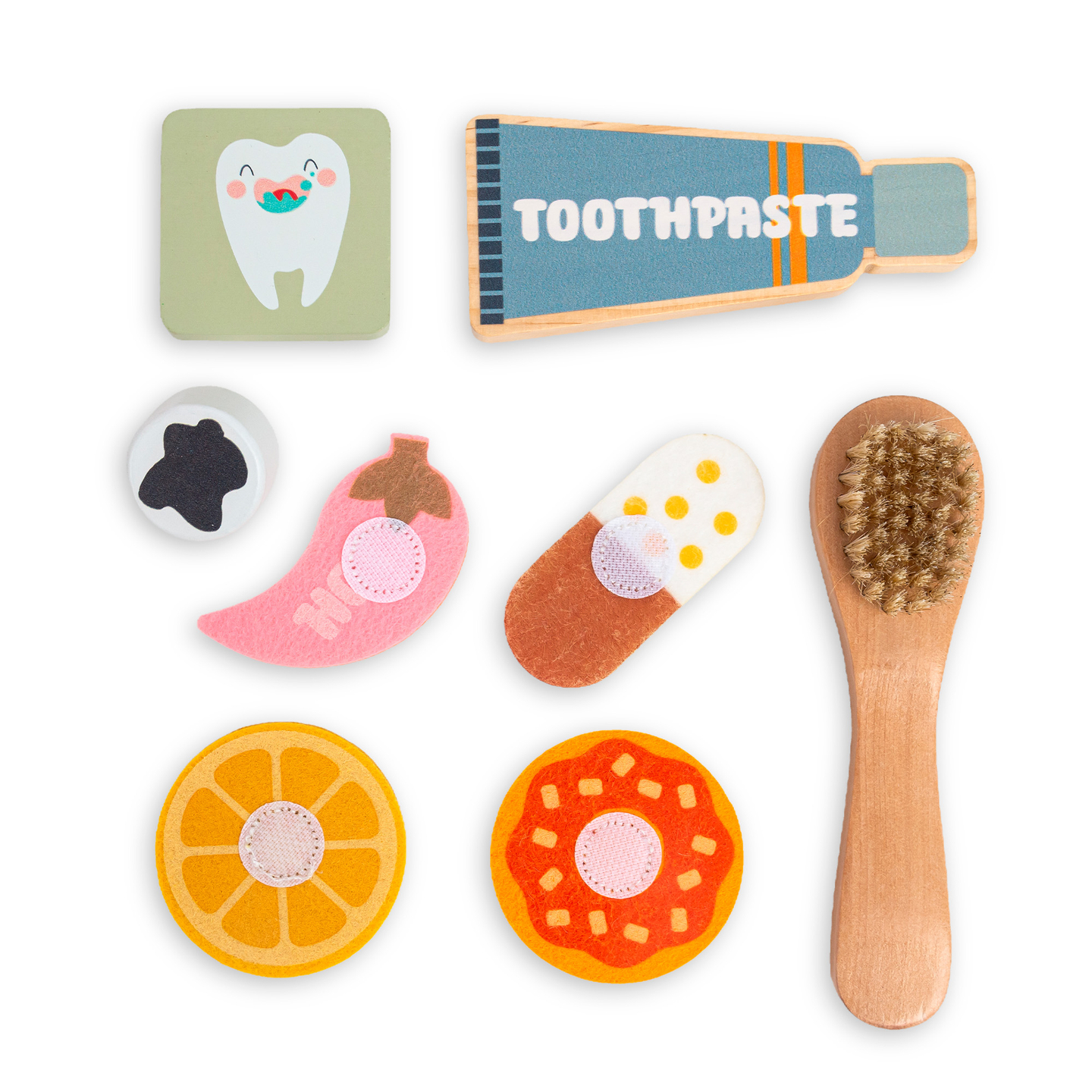 Puidust Montessori õppelaud Väike hambaarst - hambahari, hambapasta, eemaldatavad hambad, peegel, toit, õppimismaitsed