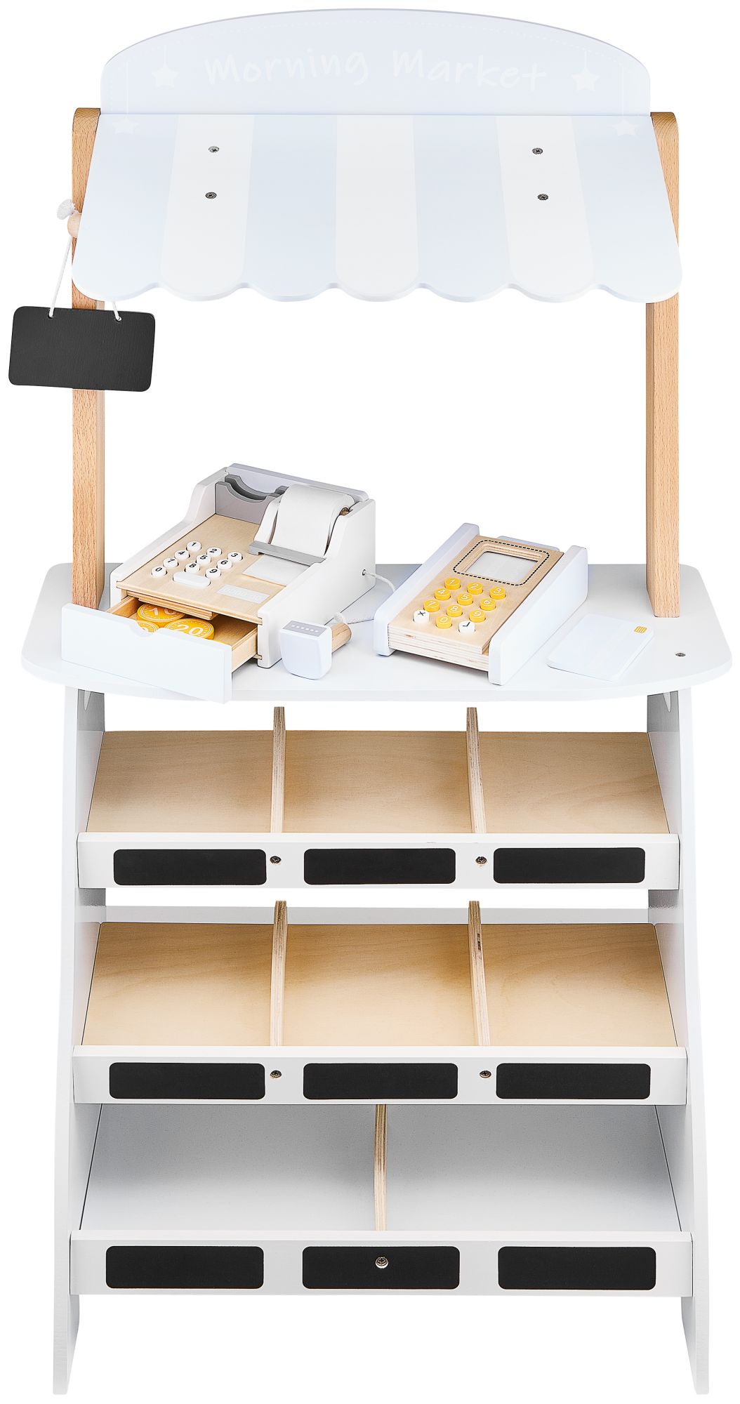 Köögiviljapood - puust kiosk kastidega, kassaaparaat ja terminal