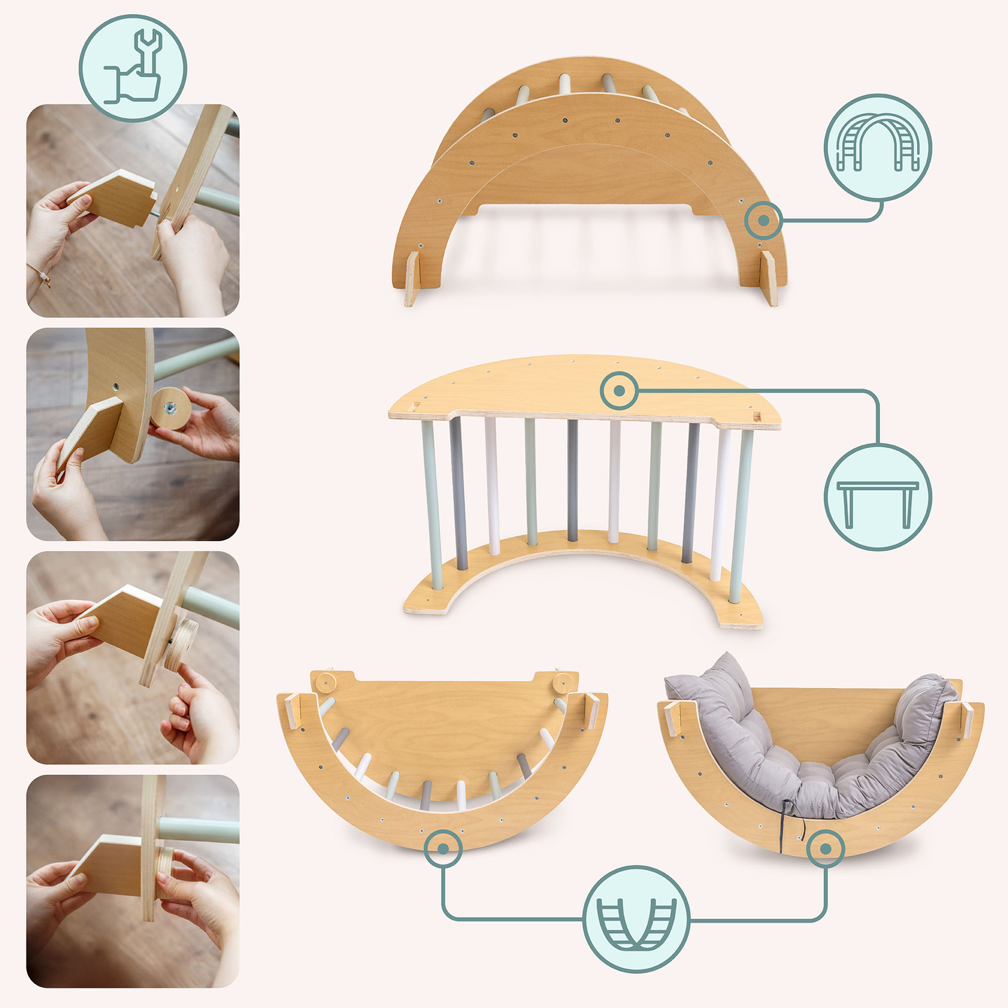 Puidust sisemänguväljak lastele - ronimissein, liumägi, ronimiskaar/kiik ja Pikleri kolmnurk