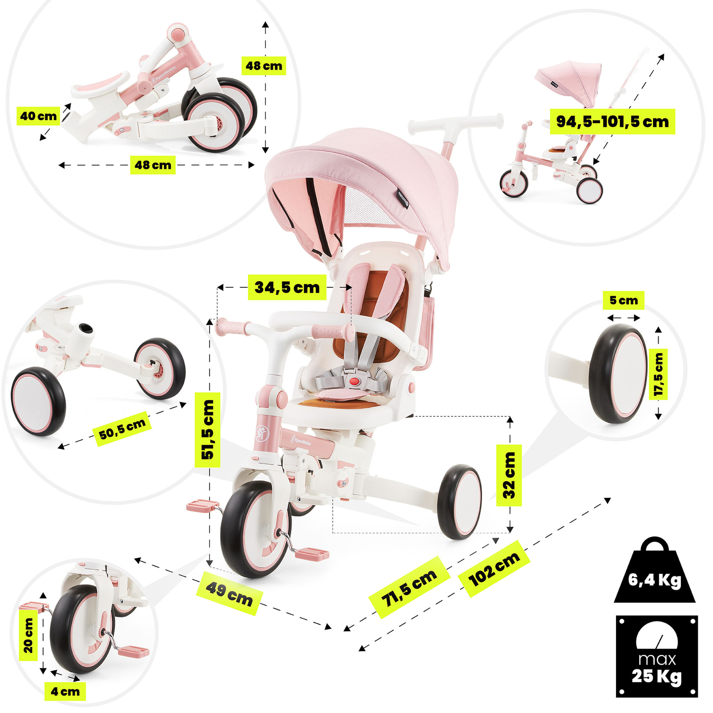8in1 multifunktsionaalne kolmerattaline jalgratas TOBI FOREST - roosa