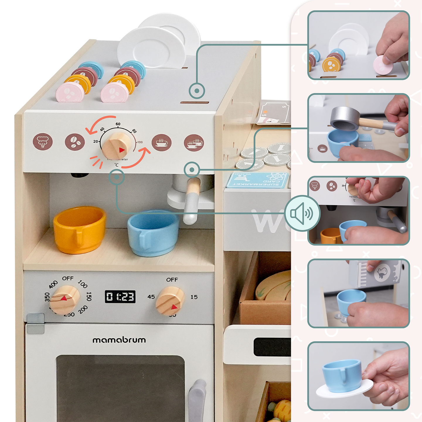 Suur puidust XXXL kauplus lastele koos kiirtoidubaariga - Nurgapood + kohvimasin + ahju + külmik - 106 ac.