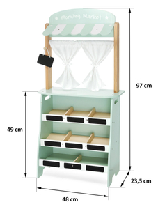 Suur puust kauplus - kiosk ja teater 2 in 1 koos kaaluga, makseterminal, puu- ja köögiviljadega