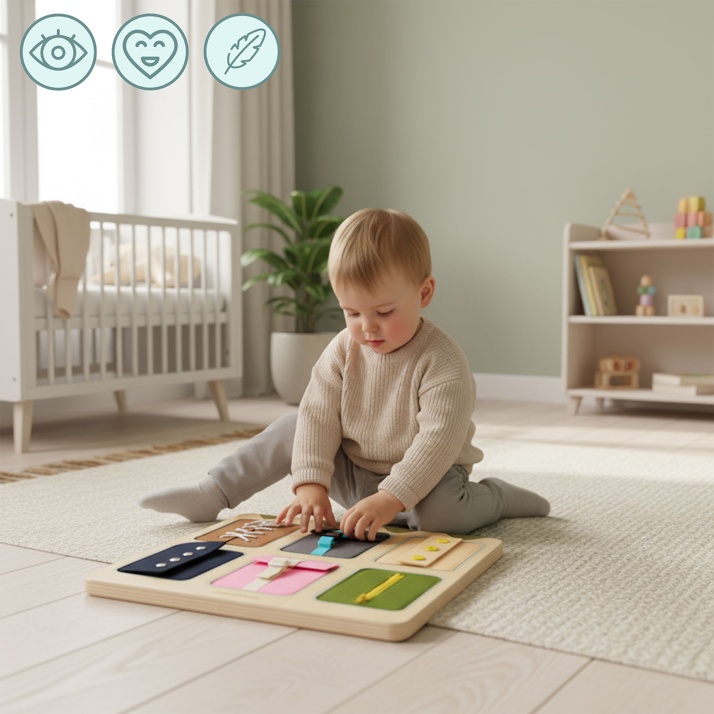 Puidust Montessori manipulatiivlaud – sensoorne iseseisvuse õppimine - paelad, pandlad, nööbid, trukid, lukk