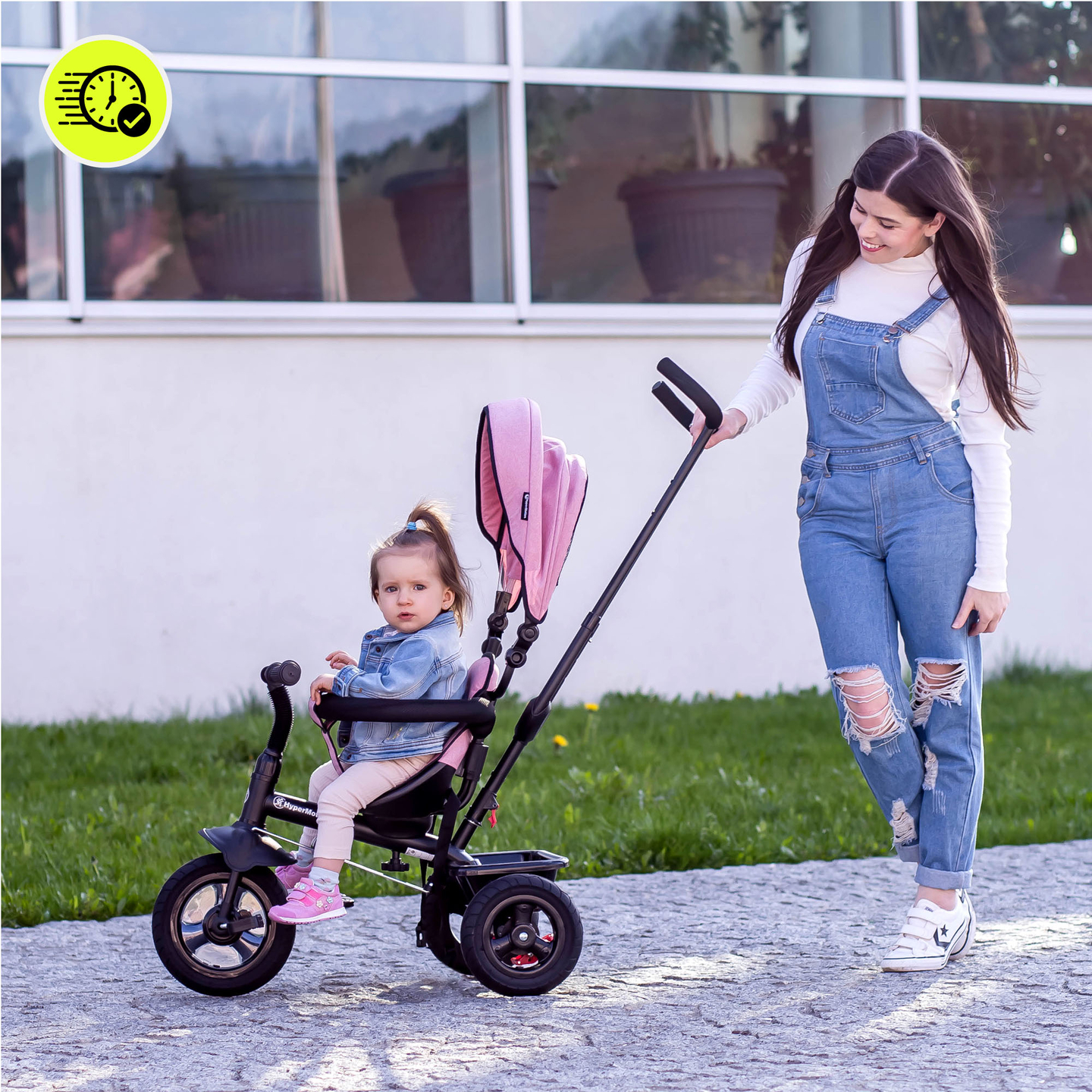 Kolmerattaline jalgratas lastele 1-4 aastat - TOBI FREY - roosa värv - pöörlev - pumbatavad rattad + tõukur